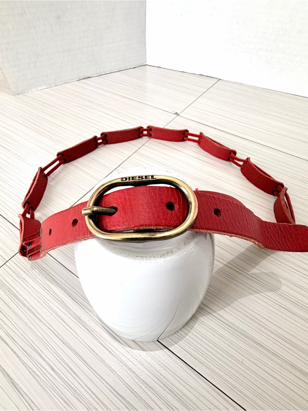 Vintage Y2K Woman’sDiesel Red Leather Belt with Gold Buckle.